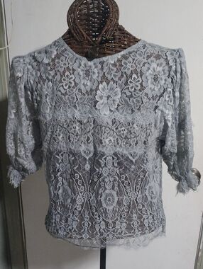 Sheer Floral Lace Blouse in Light Gray